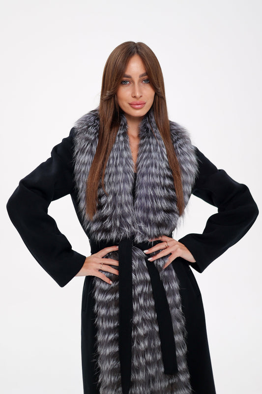 Genuine Silver Fox Virgin Wool Wrap Coat in Black Alaska® Outerwear Company