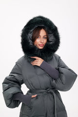 Genuine Silver Fox Fur Trim Down Coat in Forest Slate Alaska® Outerwear Company
