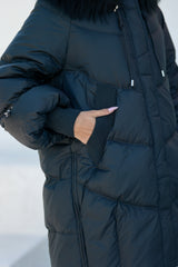 Celeste Genuine Fur Trim Down Fill Coat in Black