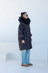 Dakota Genuine Fur Trim Down Fill Coat in Fig
