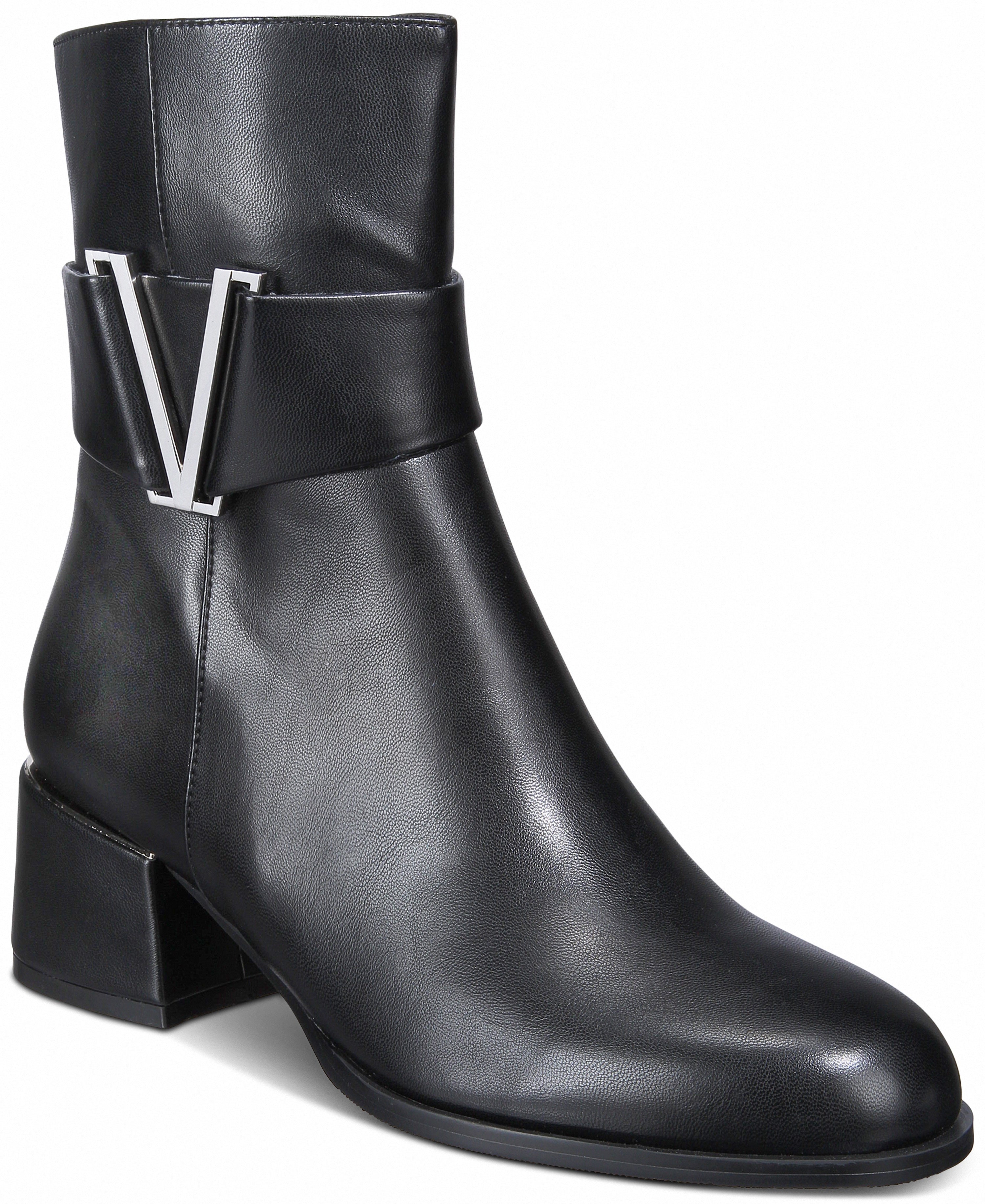 Black boot with a silver logo on a white background