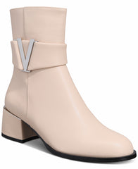 Beige ankle boot with a block heel on a white background
