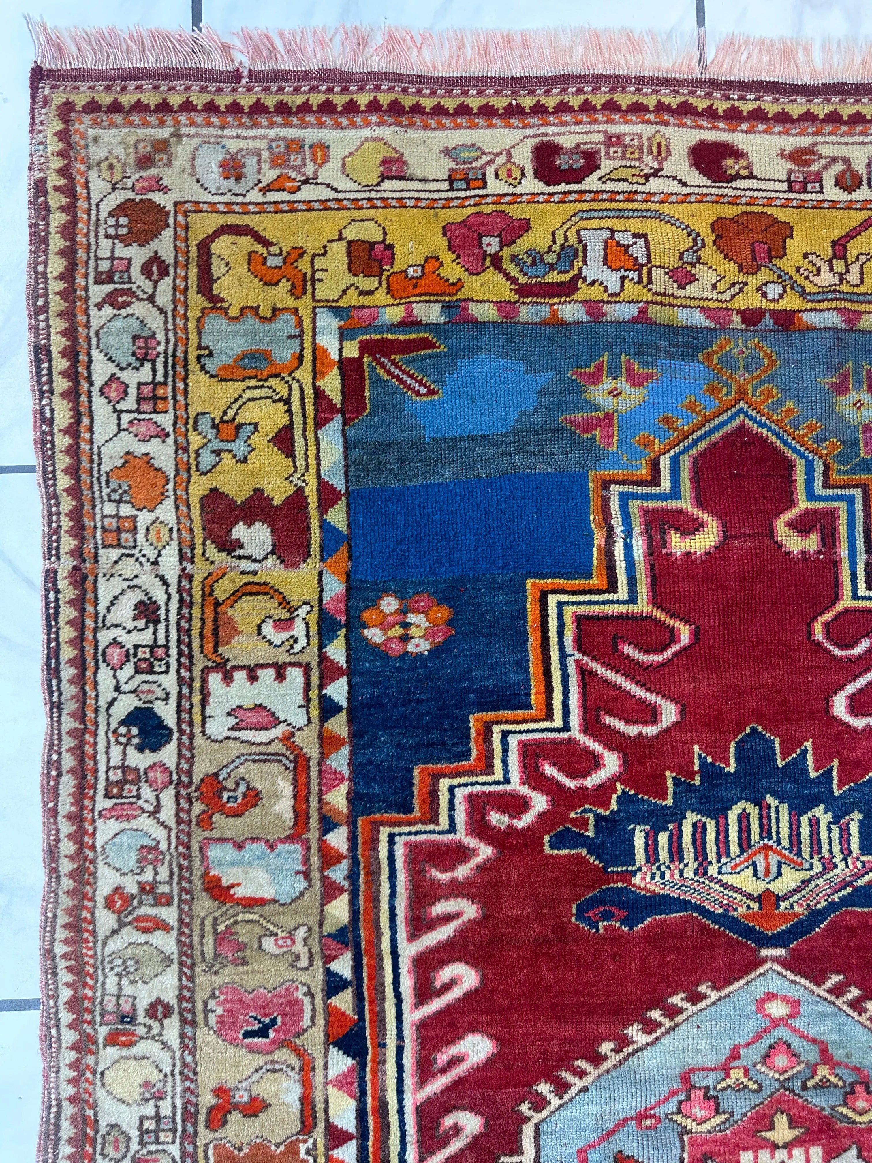 Hand-Knotted Antique Turkish Melas Wool Rug – 4'3" x 5'11" – Vibrant Geometric Motifs Rugistan