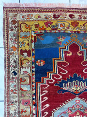 Hand-Knotted Antique Turkish Melas Wool Rug – 4'3" x 5'11" – Vibrant Geometric Motifs Rugistan