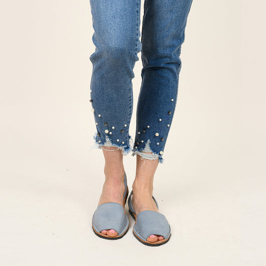 Pearl Beaded Distressed Hem Capris