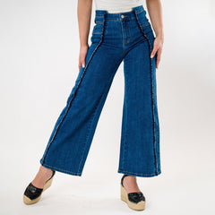 Blue wide-leg jeans worn by a person on a white background