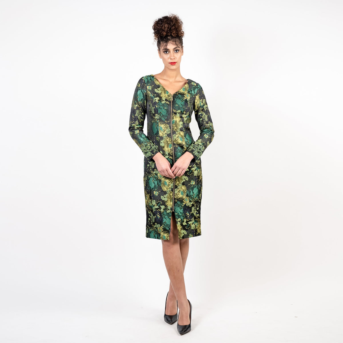 The Beaded Sleeves Front Zip Midi Classic