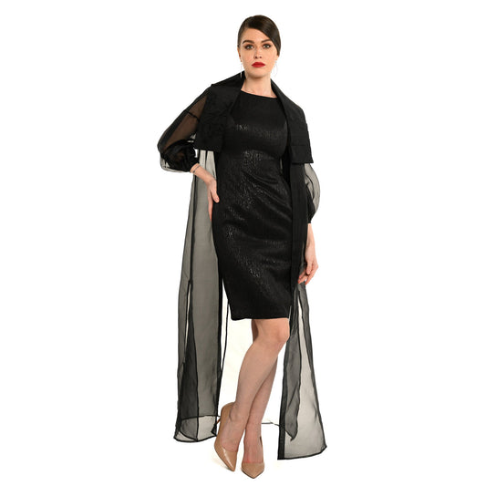 Woman wearing a black dress with sheer overlay on a white background