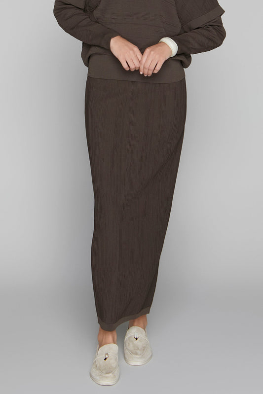 Person wearing a brown outfit with a long skirt on a plain background