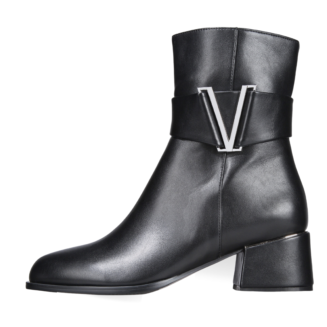 Black leather boot with a silver 'V' buckle on a white background