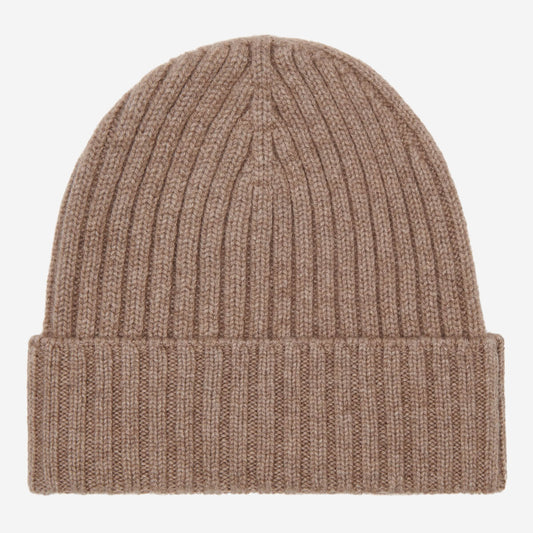 Brown knit beanie on a light gray background