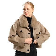 Cashmere jacket with large natural fur collar