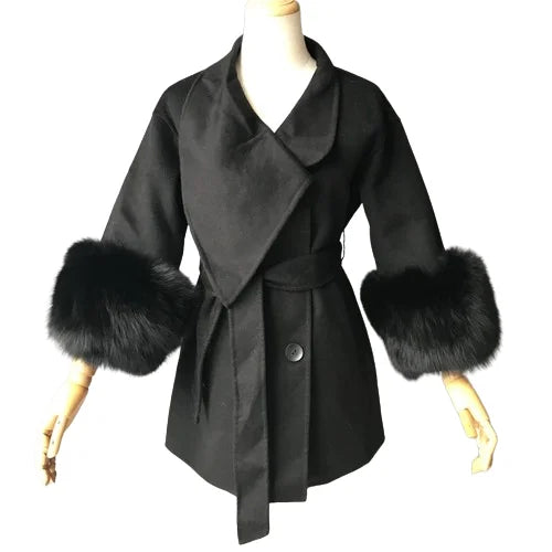 Luxury Cashmere Coat with Large Fur Cuffs | Elegant Winter Fashion