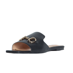 Black sandal with gold chain detail on a white background