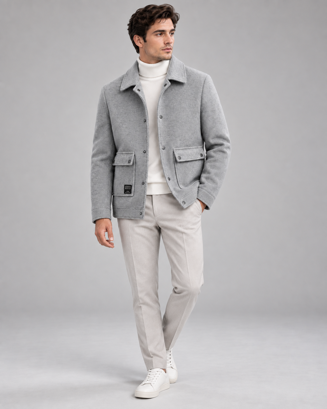 A man modeling a light gray textured jacket over a white turtleneck, paired with light beige trousers and white sneakers, against a solid gray studio background.