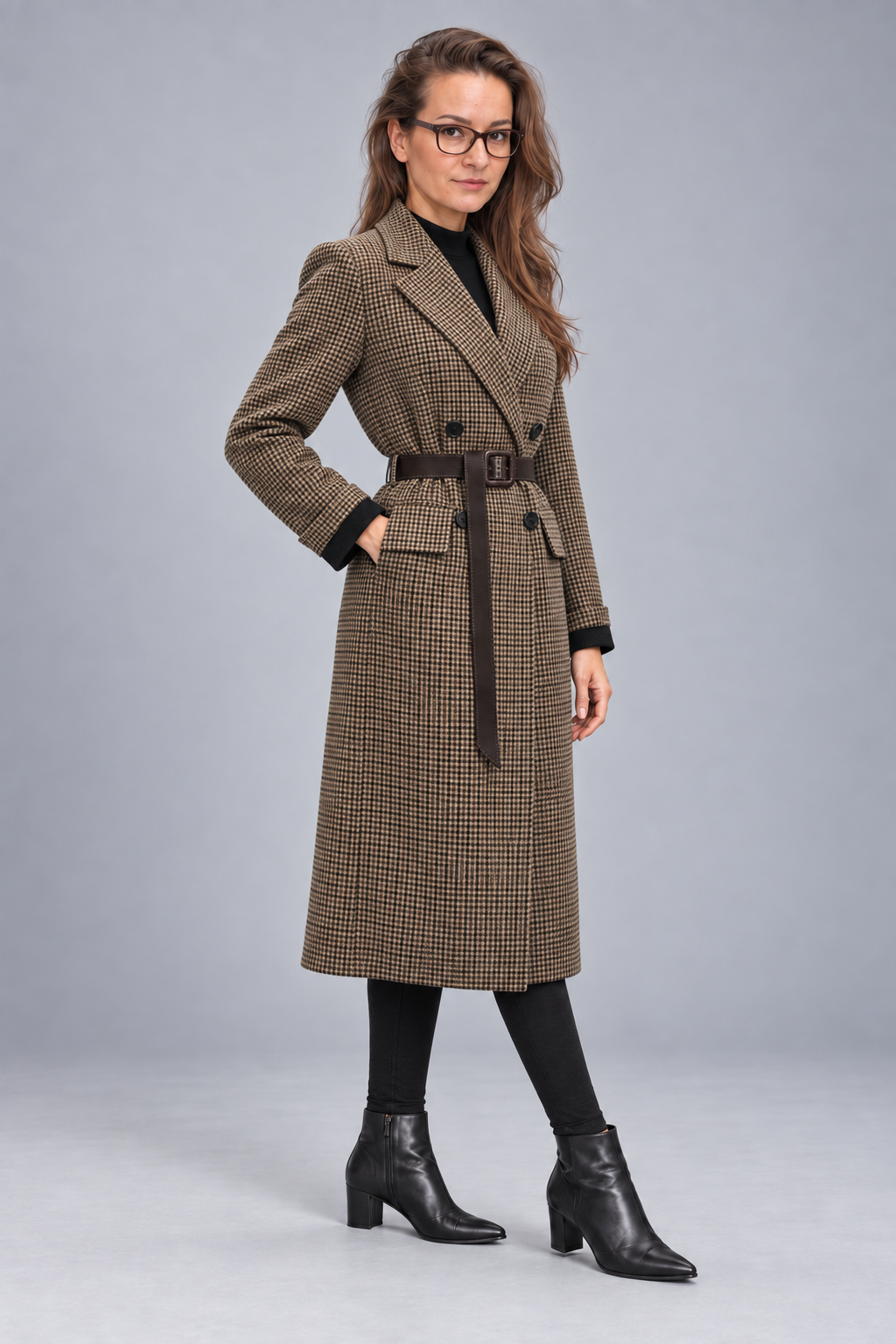 A woman modeling a brown and beige houndstooth double-breasted coat with a matching belt, styled with a black turtleneck, black tights, and black ankle boots against a gray studio background.