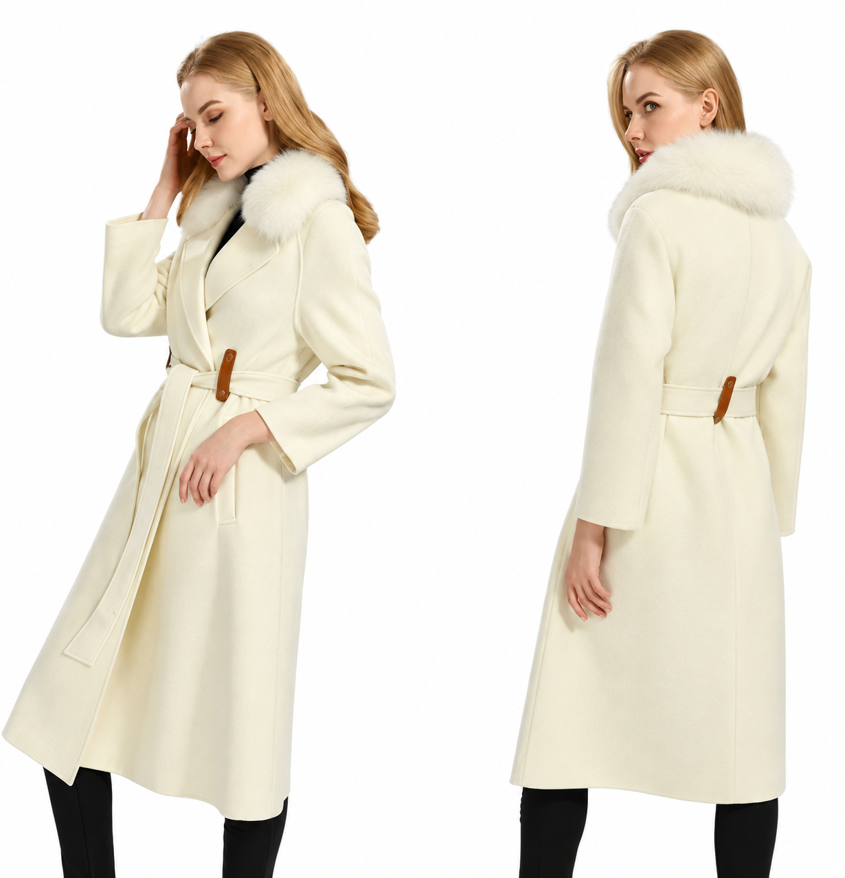 A model is shown from the front and back wearing a long cream-colored coat with a large white fur collar and a matching waist belt with brown leather accents.