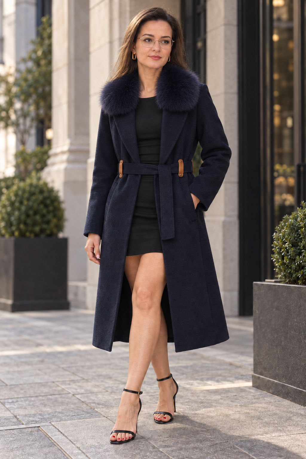 A woman stands outdoors wearing a long navy wool-blend coat with a large dark fur collar, a matching waist tie belt, and brown leather accents, over a black dress and black strappy heels.