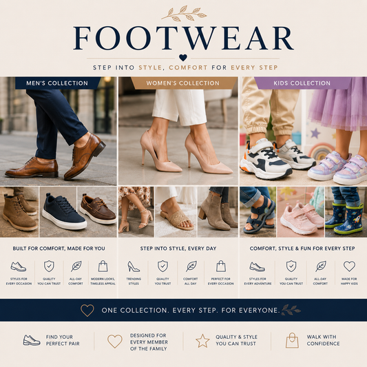 A promotional collage for Footwear showing sections for Men's Collection, Women's Collection, and Kids Collection. The top features the brand name FOOTWEAR in large navy text with a small leaf icon above.