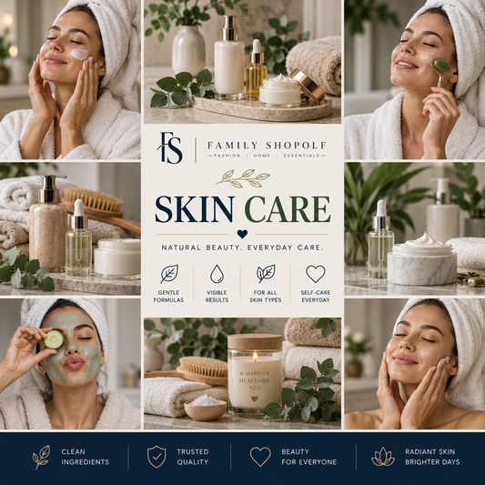 A 3x3 collage promoting a Family Shopolf skin care bundle, featuring lifestyle photos of women in white robes and towels using skincare products, alongside product shots of creams, serums, and a candle. The center panel displays the brand logo 'Family Shopolfe' and the text 'SKIN CARE'.