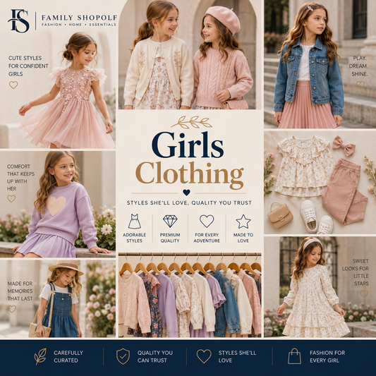 A promotional collage for girls' clothing from Family Shopolf of Fashion & Entertainments, featuring multiple photos of young girls wearing pastel outfits, plus product highlights and marketing text. The layout includes a central cream panel with the headline 'Girls Clothing' and smaller text, plus a row of clothing racks at the bottom showing assorted pastel garments.