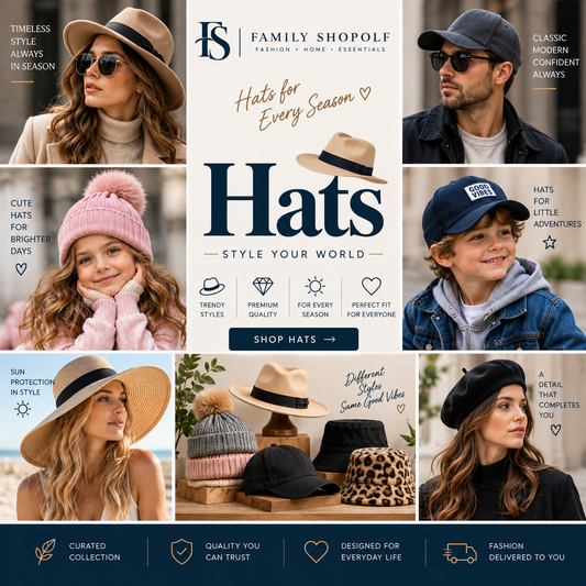 A promotional collage for Family Shopolf hats, featuring multiple models wearing different styles of hats including fedoras, beanies, and knit pom-pom hats, alongside large text reading 'Hats for Every Season' and a 'SHOP HATS' button.