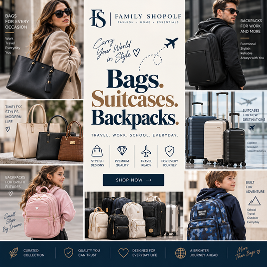 A promotional collage for Family Shopolf bags and suitcases, featuring multiple models wearing and carrying black, beige, pink, and blue bags and suitcases in travel-themed settings. The center panel has the Family Shopolfe branding and the text 'Bags.