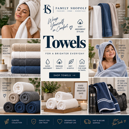 A promotional collage for Family Shopolf towels featuring multiple lifestyle scenes, stacks of folded towels in white, navy, beige, and gray, a child wearing a blue bear-ear towel hood, and large central text reading 'Towels' with brand details and feature icons.