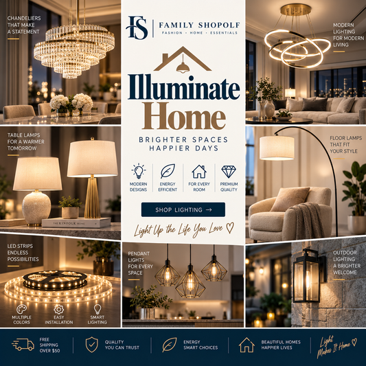 A promotional collage for Family Shopolf lighting products, featuring multiple interior room scenes with chandeliers, table lamps, pendant lights, string lights, and floor lamps, plus marketing text such as 'Illuminate Home' and 'Brighter Spaces Happier Days.' This is not a clean single-product shot, and it is not a measurement chart, color swatch, instruction diagram, scenery artwork, or placeholder.