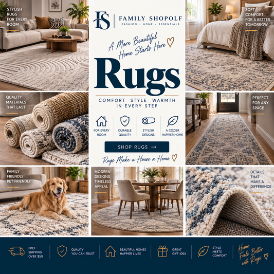 A promotional collage for Family Shopolf rugs, featuring multiple interior room scenes with patterned area rugs, a rolled rug, a golden retriever lying on a rug, and large central text reading 'Rugs' with supporting marketing copy and icons.