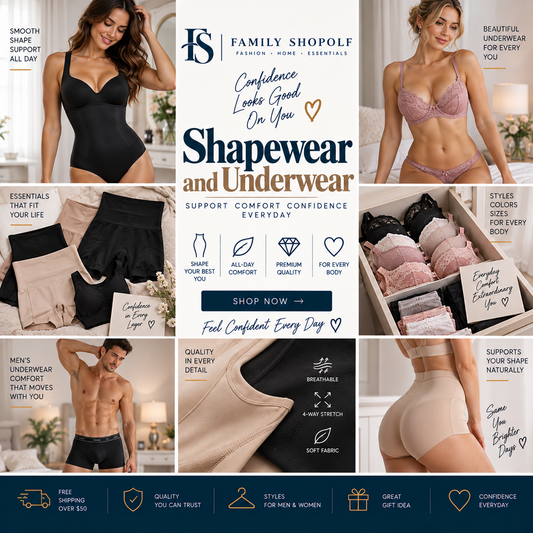 A promotional collage for Family Shopolf shapewear and underwear, featuring multiple models wearing black, beige, and pink shapewear in different poses, alongside product close-ups, marketing text, and a branded footer strip.