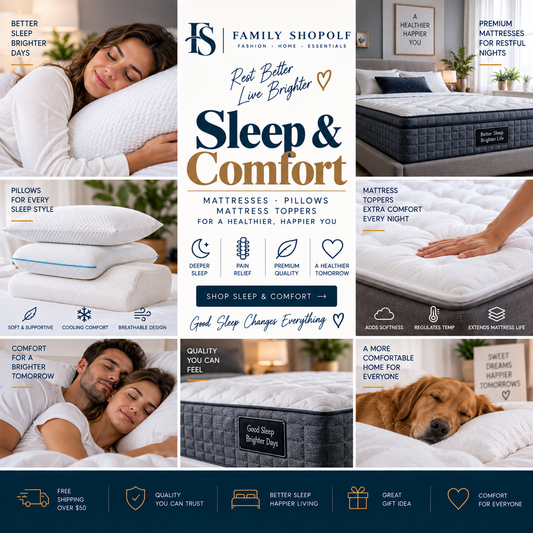 A promotional collage for Family Shopolf mattresses and pillows, featuring a woman sleeping soundly on a mattress, a close-up of a quilted mattress topper, a mattress with a hand resting on it, a dog sleeping on a mattress, and text callouts highlighting comfort, sleep quality, and health benefits.