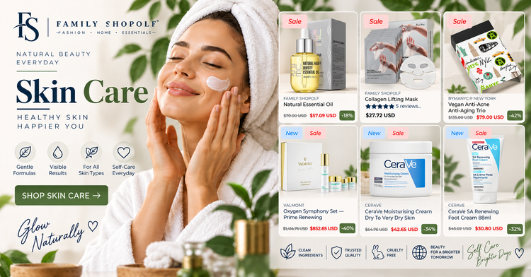 A promotional banner for Family Shopolf Skin Care featuring a woman in a white robe and towel wrapping her face with cream. The left side has branding and text, while the right side displays multiple skincare products with sale tags, including Family Shopole Natural Essential Oil, Collagen-Upping Mask, and Valmont Organ Symphony Set, alongside Cera moisturizers.