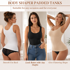 Three women modeling fitted tank-style shapewear in white, black, and beige, shown in a three-panel promotional layout with text about body shaping and outfit compatibility.