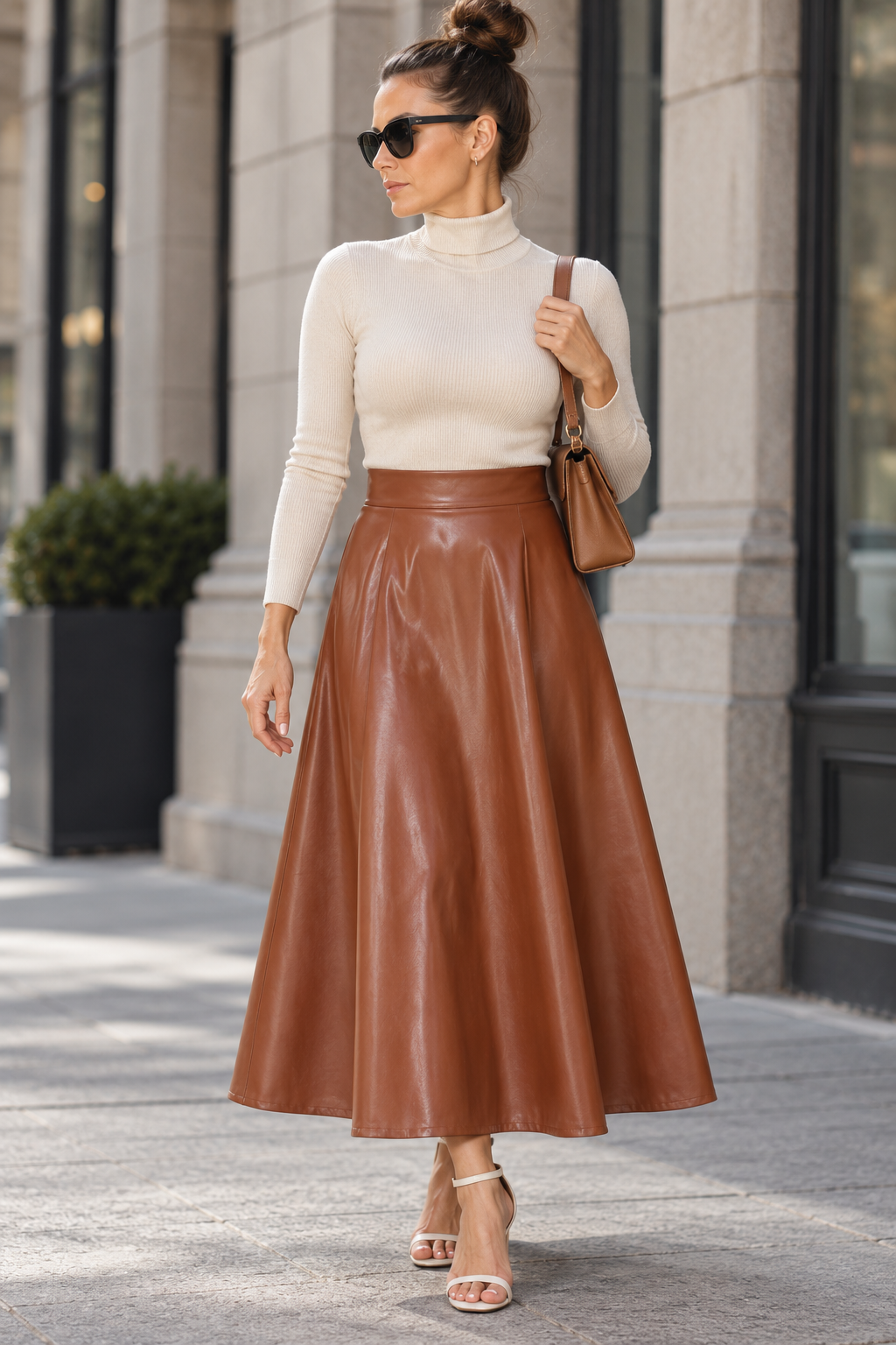 A woman stands on a city sidewalk wearing a cream turtleneck sweater, a high-waisted brown faux-leather midi skirt, black sunglasses, and beige heeled sandals, while carrying a brown shoulder bag.