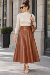 A woman stands on a city sidewalk wearing a cream turtleneck sweater, a high-waisted brown faux-leather midi skirt, black sunglasses, and beige heeled sandals, while carrying a brown shoulder bag.