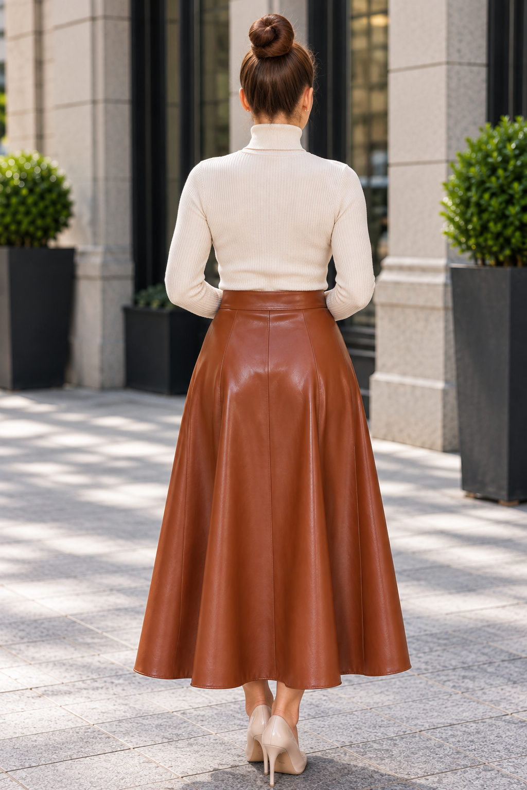 A woman viewed from behind wearing a cream mock-neck long-sleeve top and a high-waisted, flared brown faux-leather midi skirt, standing on a paved outdoor walkway.