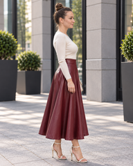 A woman stands outdoors in a modern urban setting, wearing a cream long-sleeve knit top and a high-waisted, full-length burgundy faux-leather midi skirt with white strappy high-heeled sandals.