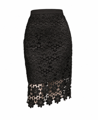 A black floral lace pencil skirt with a solid waistband and a sheer floral lace hem, shown against a plain white background.