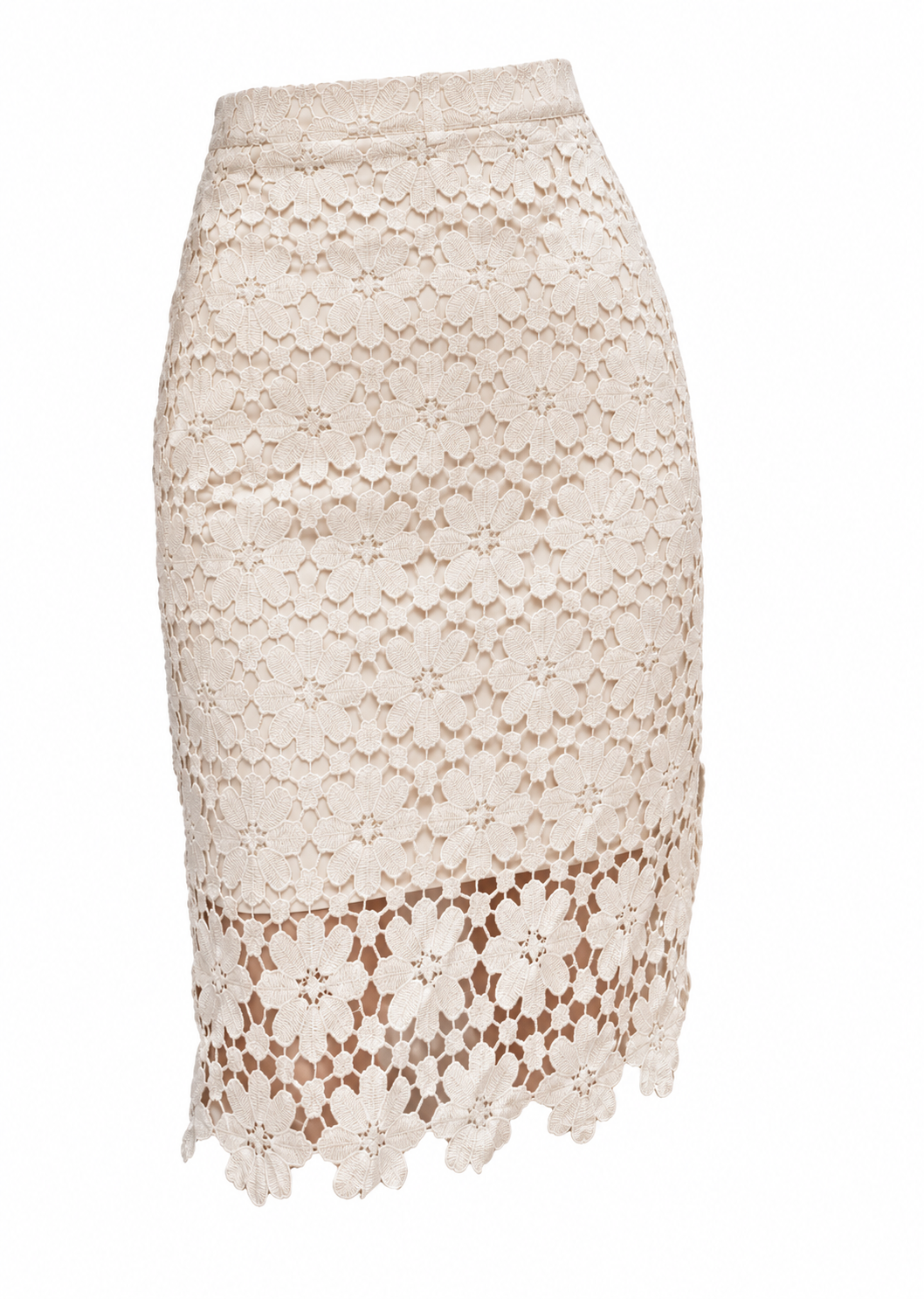 An off-white floral lace pencil skirt with a scalloped hem, shown against a plain white background.