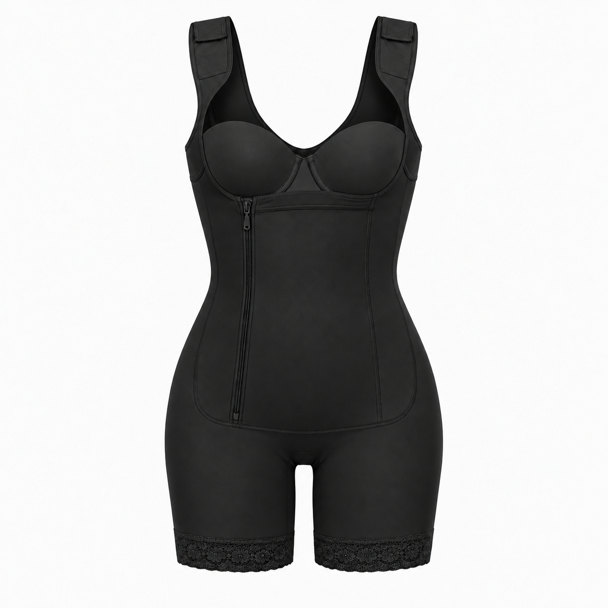 Black shapewear bodysuit with shoulder straps, molded cups, a front zipper, and fitted shorts with lace trim at the hem, shown on a plain light gray background.