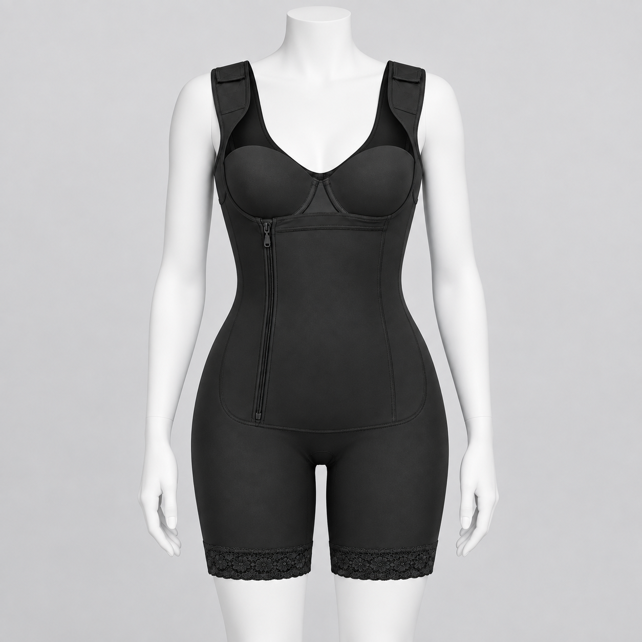 Black shapewear bodysuit with built-in bra cups, front zipper, and lace-trimmed shorts on a white mannequin against a light gray background.