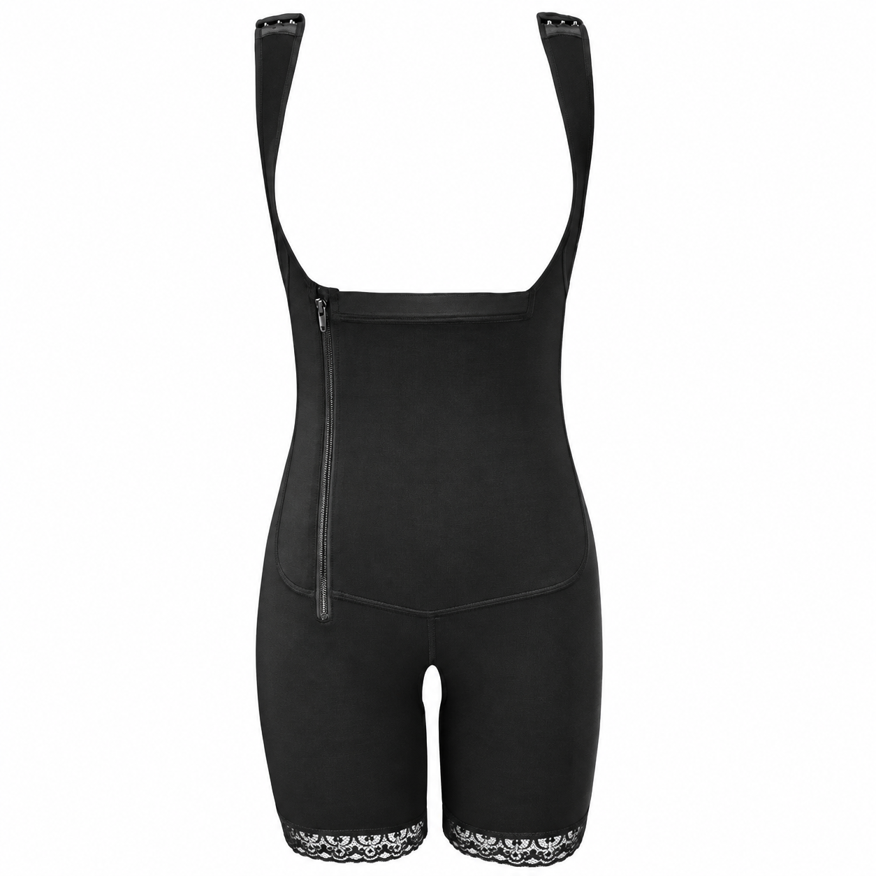 Black compression shapewear briefs with adjustable shoulder straps, a front zipper, and decorative lace trim at the leg hems, shown on a plain white background.