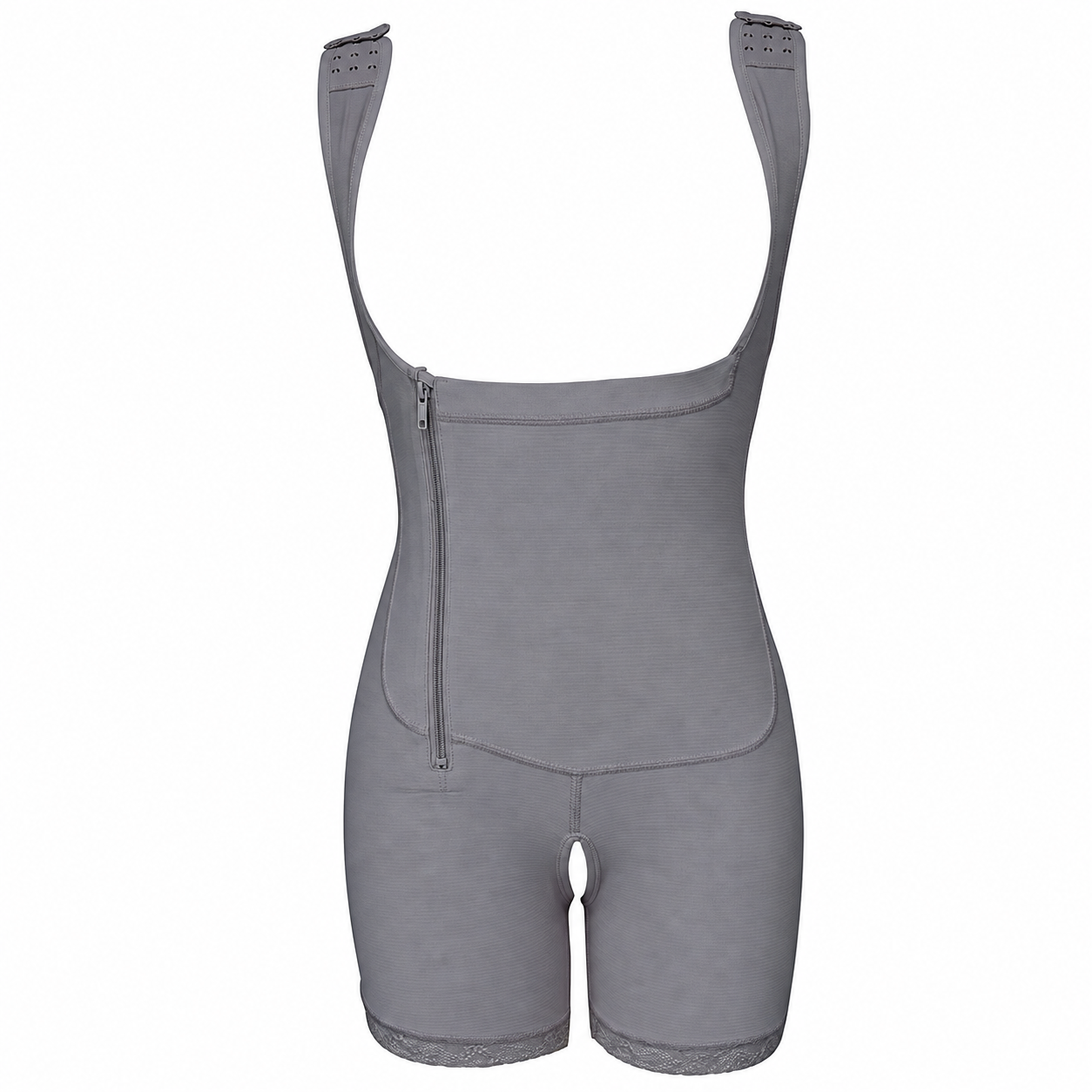 A gray compression shapewear bodysuit with shoulder straps, a front zipper, and fitted shorts, shown against a plain white background.