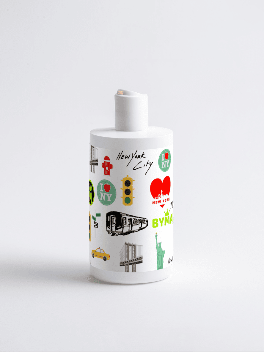 White ceramic vase with New York City-themed illustrations on a white background