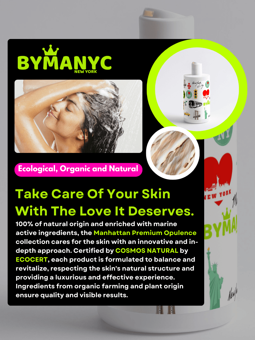 BYMANYC skincare product packaging with text and images of a woman washing her hair.
