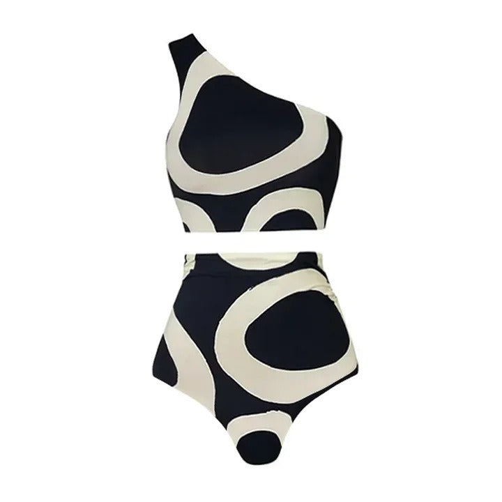 Black and white patterned swimsuit on a white background