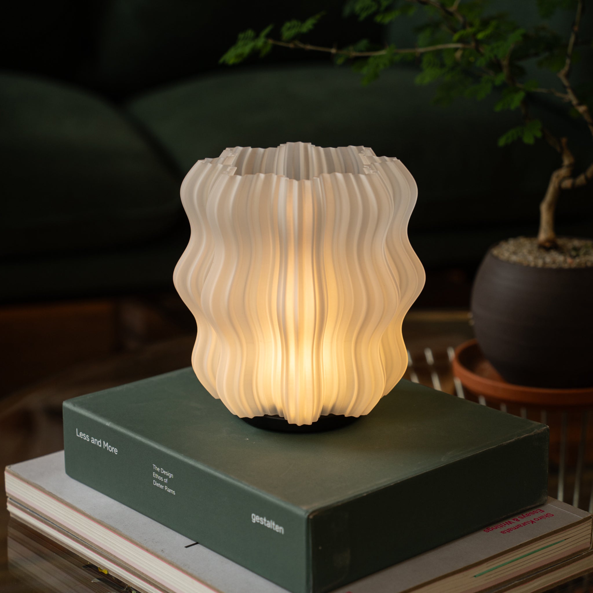 Decorative lamp with wavy design on a stack of books, surrounded by plants.