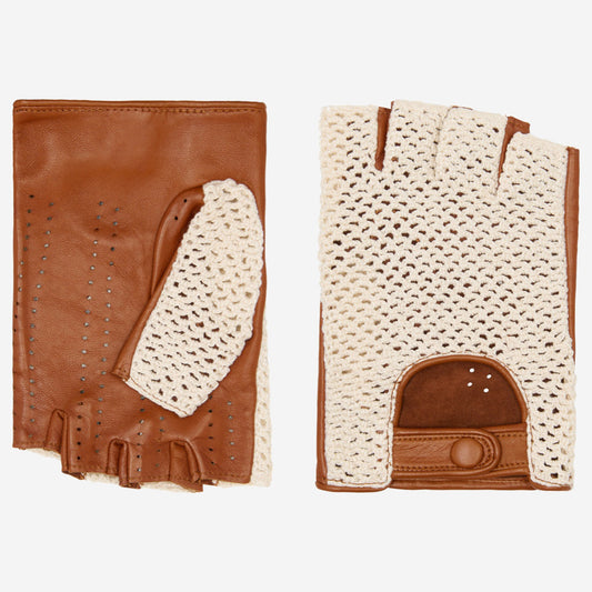 A pair of fingerless leather gloves shown front and back on a light gray background. The gloves feature warm brown leather on the back and palm side, with a cream-colored open-knit mesh overlay on the back and a matching knit thumb panel.