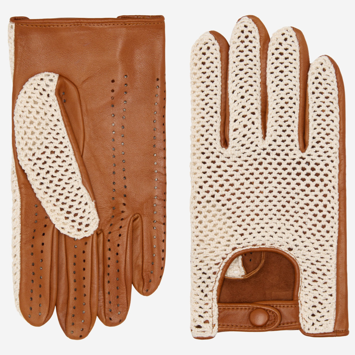 Pair of brown leather gloves with beige mesh pattern on a white background